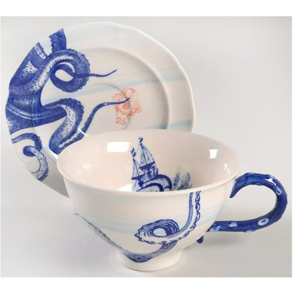 Anthropologie “From the Deep” Cup & Saucer Set • Nautical Octopus